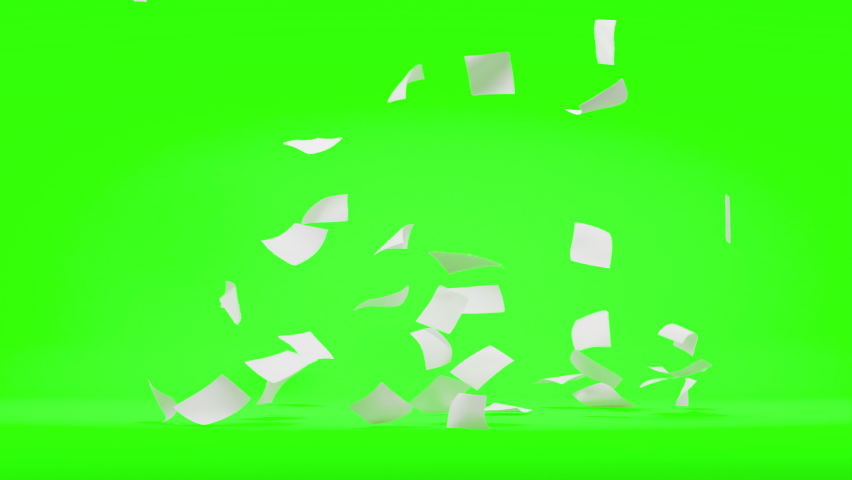 Flying sheets of white paper swirling in the air in a whirlwind. Scatter documents or empty blanks. Mess in the office. Throwing paperwork in the air on the greenscreen 3D render Royalty-Free Stock Footage #1071148840