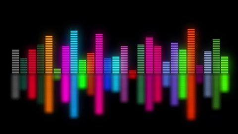 Computer generated screen saver graphics animation of music frequency visualizations in bright neon multicolored lines.