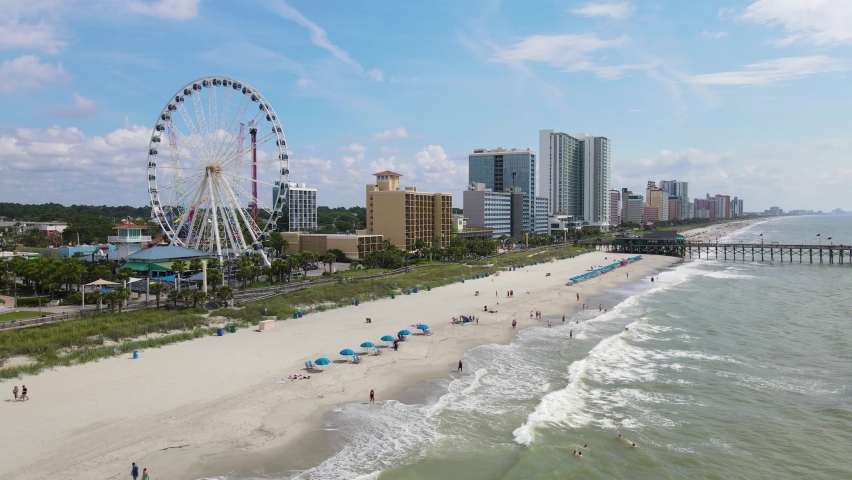 Myrtle Beach Skyline, South Carolina USA. Aerial View of Beachfront on Sunny Day, 60fps Drone Shot