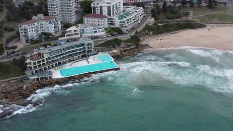 4K Aerial Shot Swimming pool Bondi Beach Sydney Australia