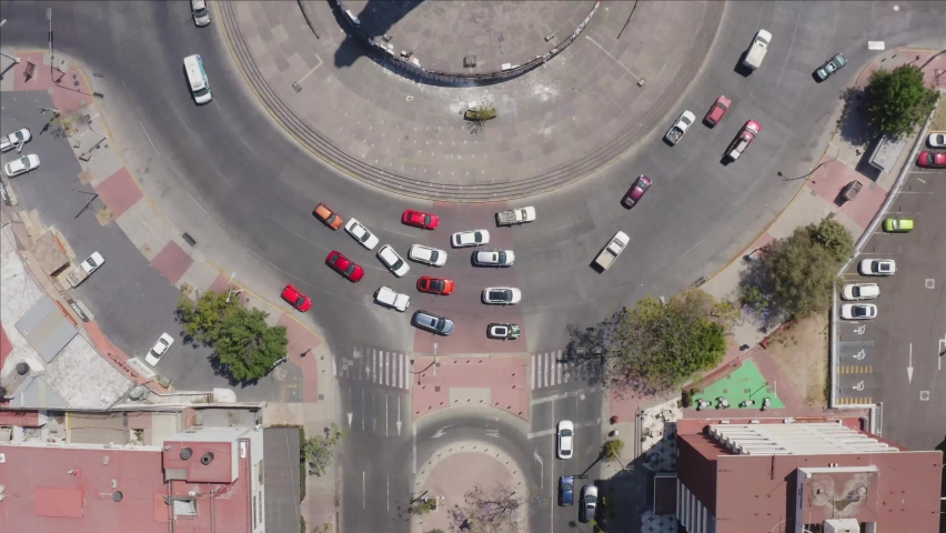 Aerial fixed cenital view of the Niños Heroes roundabout and the Chapultepec Avenue in Guadalajara, Jalisco, Mexico
