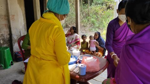 Ghatal,West Bengal,India - April 08, 2021: Pentavalent Vaccination that contains five antigens - diphtheria, pertussis, tetanus, and hepatitis B and Haemophilus influenza at village by health workers