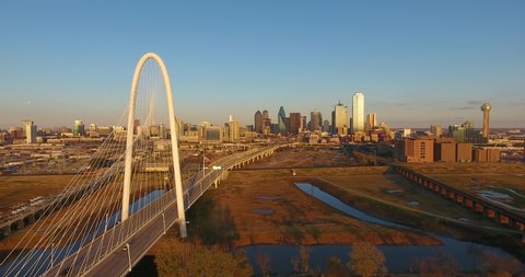 Aerial view of Margaret Hunt Hill Bridge with Dallas modern city skyline at the background, Dallas, Texas TX, USA. 