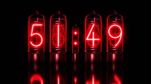 Realistic Nixie tube, red clock or timer. Countdown time from 60 seconds to 0. 1 minute. Retro, vintage electric time indicator. Bright glowing digital numbers. Nostalgic type. 3D render. 4K animation