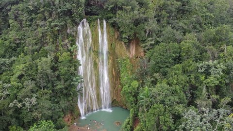 The Limon Waterfall, a Spectacular Cascade of 50 meters High, in the Community of Limon in Samana, in the Northeastern Dominican Republic. Drone View. 