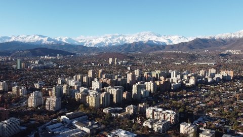 Flying Over Santiago de Chile, Capital of Chile, the Andes Mountains in the Background. Drone View.