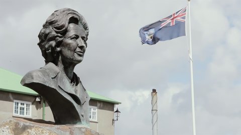 Stanley, Falkland Islands (Malvinas) - March 2021: Bronze Bust of Margaret Thatcher erected after the 1982 Falklands War, Port Stanley, Falkland Islands (Islas Malvinas). 4K Resolution.