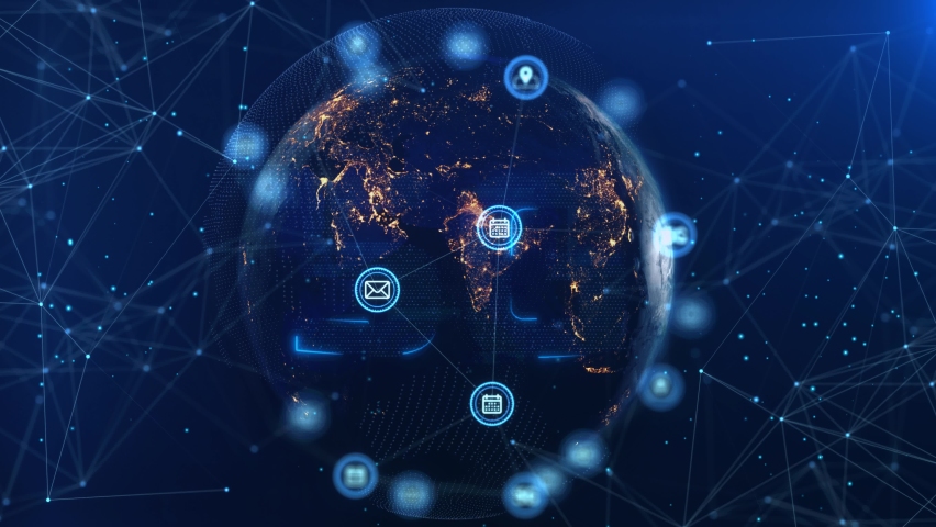 Earth Globe 5G Network Iot Internet Of Things Future Benefits. worldwild Orb Dark Blue Icons Loop Animation. Technology Background Of 5g Signal Transmission Internet Of Things Network Node Connection
