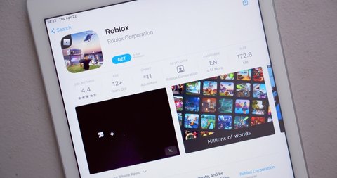 Kumamoto, JAPAN - Apr 22 2021 : Roblox app in App Store on iPad. Roblox is an online game platform and game creation system. It hosts user-created games coded in the programming language Lua