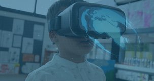 Animation of globe spinning and processor elements over schoolboy wearing vr headset. global data processing, communication and global technology concept digitally generated video.
