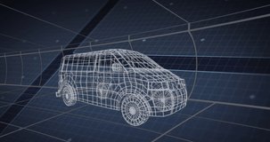Animation of 3d van technical drawing scopes scanning and data processing on screens. global connections, technology and digital interface concept digitally generated video.