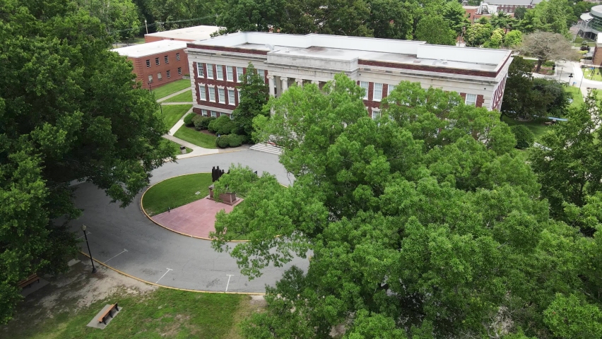 North Carolina Agricultural and Technical State University Greensboro USA. Drone Aerial View of Febuary Four Statue in Front of Building, 60fps