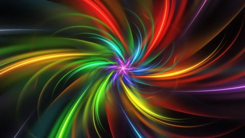 Multicolor waves rotating around centre making floral pattern. Abstract metamorphoses of curved shapes on black background. Colorful fractal constructions revolving, transforming. 4K UHD 4096x2304