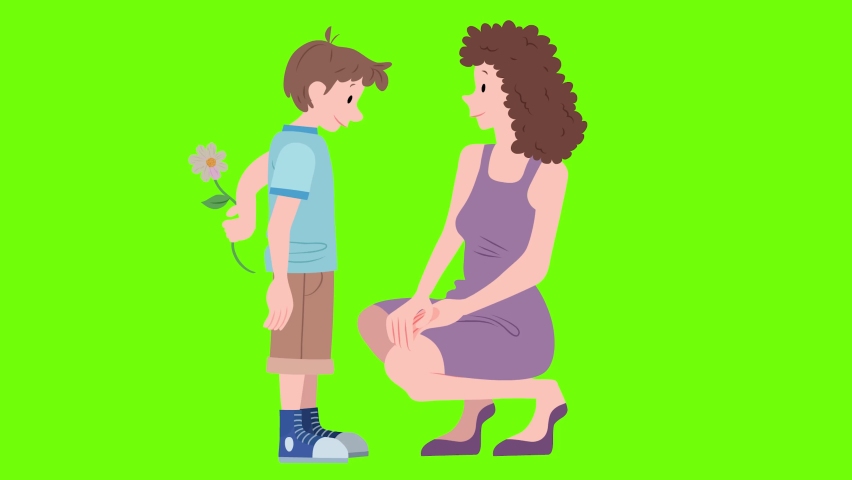 Small Son Is Giving Beautiful Flower To Her Mother,
Little Child Boy Flower Behind Back Preparing Nice Surprise For Her Mum Look Happy,
Family, Holiday, Togetherness, Women's Day, Mother's Day , green