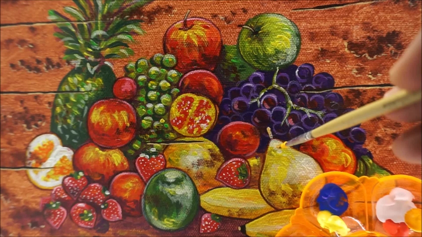 professional artist hand painted original impressionism masterpieces painter contemporary art oil painting drawn equipment for painting hobby activity at home beautiful cute realistic food mixed fruit natural beauty paintbrush and mixing palette fragment of artwork academy of art 
