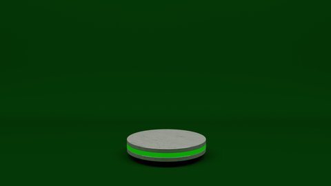 Marble product stand futuristic or podium pedestal on empty display growing flashing light with green backdrops. 3D rendering. seamless loop.