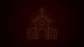 Glowing neon line Church building icon isolated on black background. Christian Church. Religion of church. 4K Video motion graphic animation.