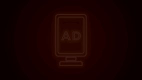Glowing neon line Advertising icon isolated on black background. Concept of marketing and promotion process. Responsive ads. Social media advertising. 4K Video motion graphic animation.