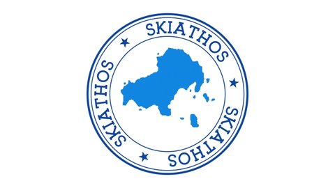 Skiathos intro. Badge with the circular name and map of island. Skiathos round logo animation.