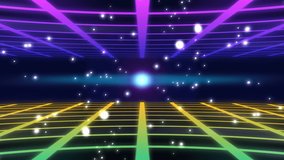 Sparkling Star In Futuristic Space Surrounded By Smaller Glowing Stars Flying Through Retro Computer Grid Moving Forward