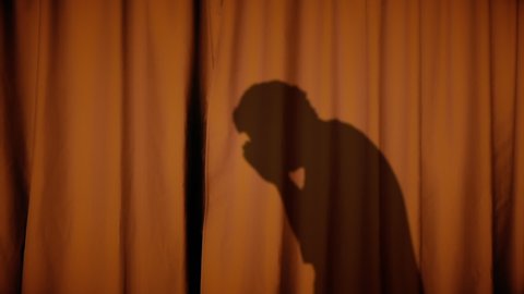 The silhouette of a man crying and despairing, projected over the closed curtain of a stage at a theater.
