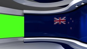 TV studio. New Zealand flag. News studio. Loop animation. The perfect backdrop for any green screen or chroma key video production. 3d render. 3d