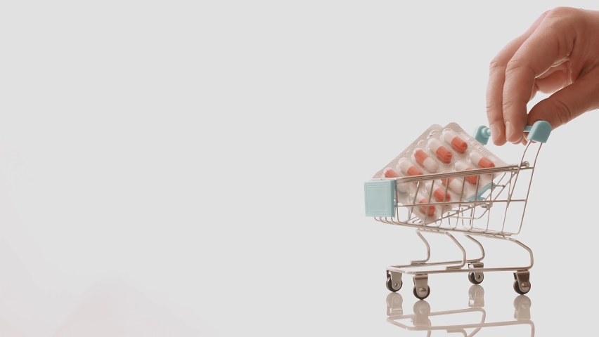 The concept of online shopping medicament. Basket of medicines. Pharmacy.