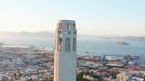 Aerial: Scenic view of San Francisco cityscape, coit tower and Alcatraz island, drone view