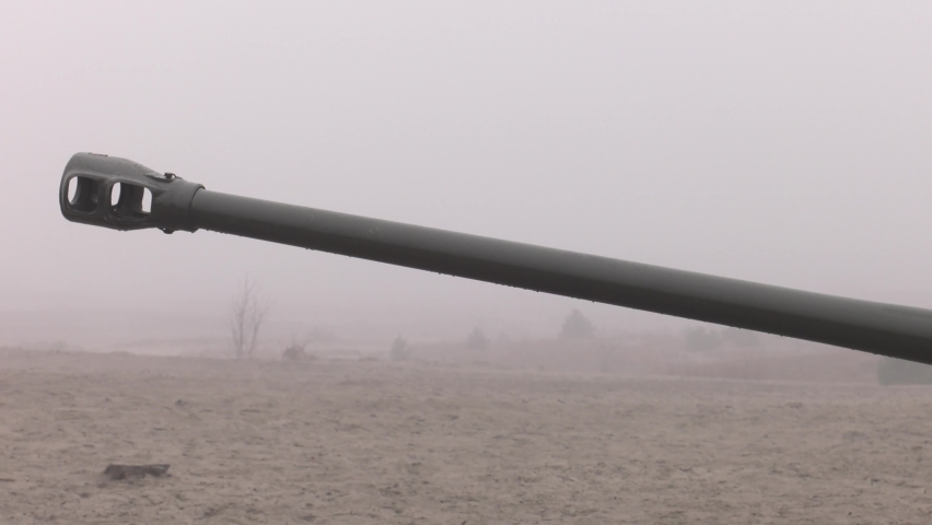 Cannon artillery in the fog. 4K, UHD, 50p, Cinematic,Closeup, 						