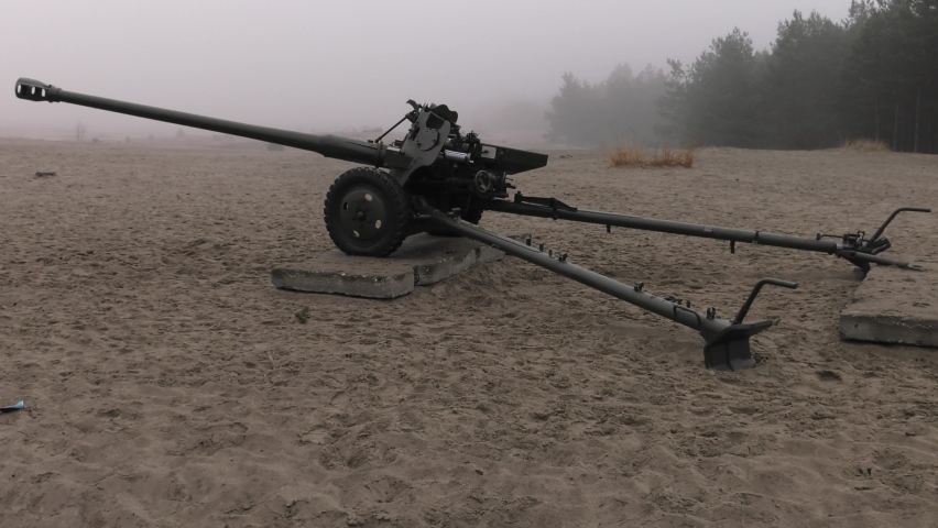 Cannon artillery in the fog. 4K, UHD, 50p, Cinematic,Closeup, 						