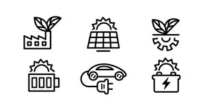 e-mobility,  ecology, technology und Climate protection icon in outline. 2d, animation, cartoon, illustration, sketch, clip art, vector. Web page sign in black and white. Alpha channel. Time lapse.