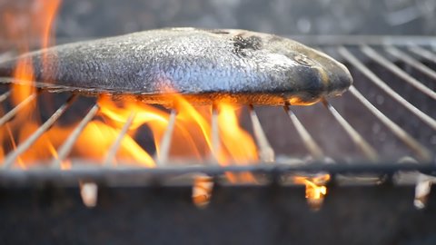 large fish is grilled on a wire rack. The fire burns in slow motion. Dolly shooting. Gray background. Copy space
