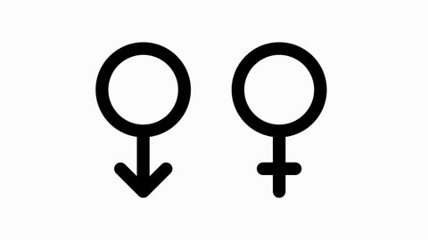 Gender icons. Man and Woman user profile. Gentleman and lady toilet sign. Motion graphic.