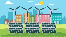 Animated cartoon design of solar panels and windmills giving renewable energy to the modern city. Cartoon in 4k resolution - Powered by Shutterstock - Get 15% off with code: PIKWIZARD15