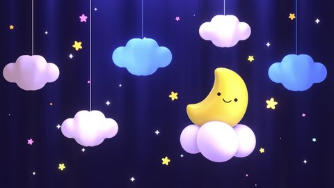 Looped cute smiling moon with comic zzz effect, shining stars, hanging clouds paper crafts, and blue curtain animation.