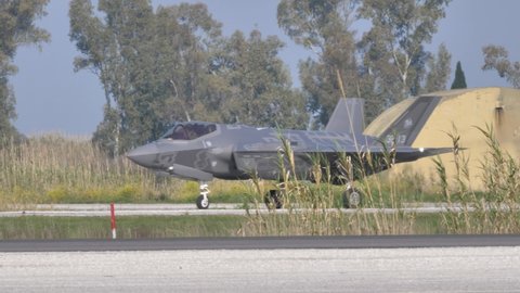 Andravida Greece APRIL, 03, 2019 Lockheed Martin F-35A Lightning II american stealth jet combat aircraft for air superiority and strike of Italian Air Force taxiing