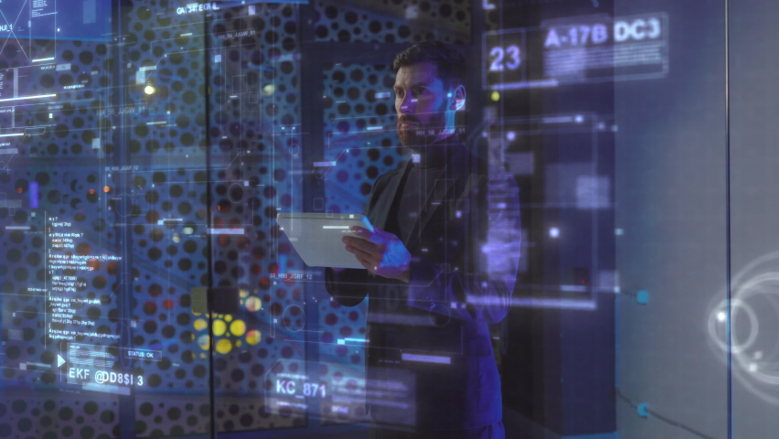 Adult Businessman in Office Standing by Infographics Screen Examining Corporate Business Data on Futuristic Interactive Hologram Technology at Office. AI Concept. - Powered by Shutterstock - Get 15% off with code: PIKWIZARD15