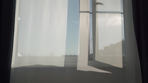 Transparent curtain on open window moved by the wind at sunny day, sun rays shine through the transparent tulle on window of apartment room. High quality 4k footage