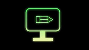 Online education icon blinking isolated on black screen. Gradiant neon colour. Online education icon with computer screen and pencil.