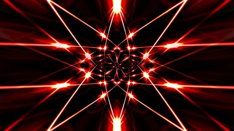 Abstract glow red light kaleidoscope animation background. 4K seamless looping, computer digitally generated animation. Abstract symmetrical dynamic motion. Music festival nightclub Vj stage visual.