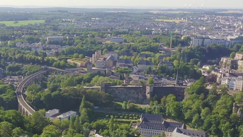 Dolly zoom. Luxembourg, Historical city center in the morning, Aerial View