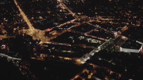 D-Log. Yaroslavl, Russia. Aerial view of the central district of Yaroslavl. City lights at night, Aerial View