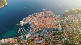 Dubrovnik, Croatia. Aerial view on old town. Vacation and adventure. Town and sea. Top view from drone at old castle and blue sea. Travel video