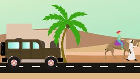 2D Cartoon Car Driving In Desert animation with different characters.
