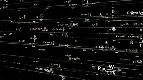 Process of artificial intelligence self education in mathematics and physics fields, monochrome. Animation. Chaotic movement of white formulas in black space, seamless loop. - Powered by Shutterstock - Get 15% off with code: PIKWIZARD15