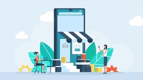 Concept of online shopping on social media app. Online store via mobile phone set, 2D animation of online shopping. Smartphone with shopping bag, chat message, delivery, 24 hours, and like icon. - Powered by Shutterstock - Get 15% off with code: PIKWIZARD15