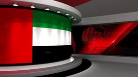 TV studio. Dubai. Dubai flag. News studio.  Loop animation. Background for any green screen or chroma key video production. 3d render. 3d