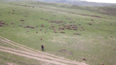 A group of cyclists ride on the green steppe. Top view from the drone. Green grass on the hills, off-road. Dust from the wheels. Blue sky with white clouds. Small bushes and rocks. Kazakhstan, Almaty