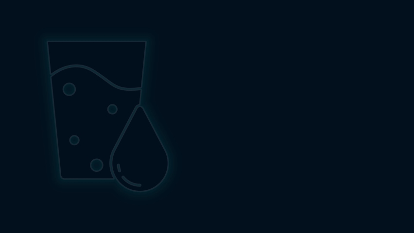 Glowing neon line Glass with water icon isolated on black background. Soda glass. 4K Video motion graphic animation.