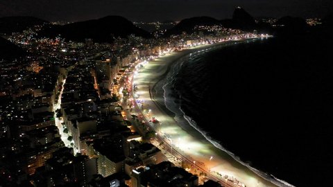 Rio de Janeiro, Brazil. Night view of landmark of city. Sidewalk attraction at downtown of Rio de Janeiro. Night view of Copacabana beach and avenue aerial landscape. Night life Rio de Janeiro, Brazil
